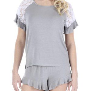 Lace Short Sleeve Top with Ruffle Shorts Pj Set